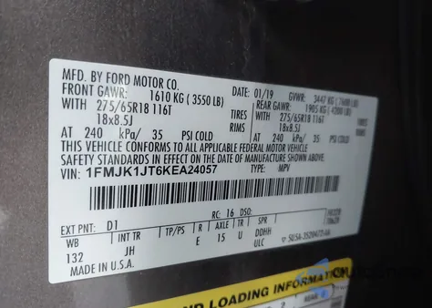 2019 Ford Expedition Max Xlt from USA, damaged, VIN 1FMJK1JT6KEA24057